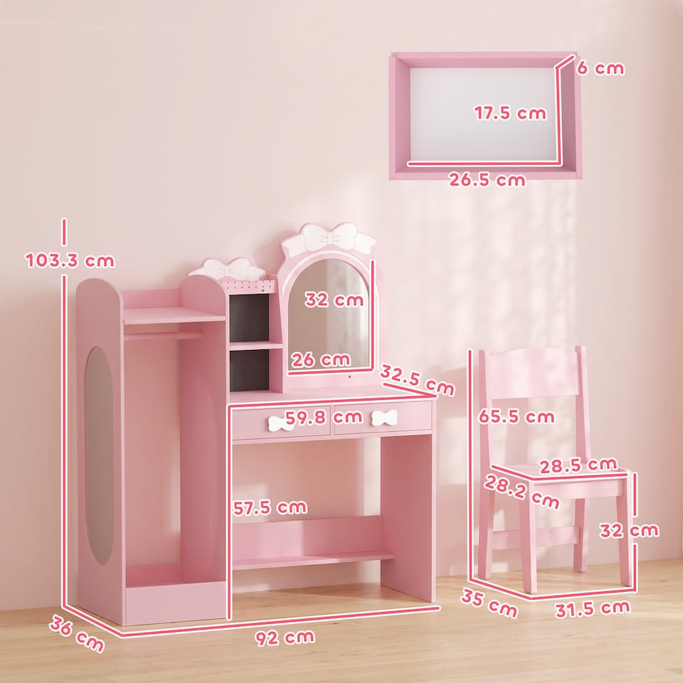 image 1 of AIYAPLAY Kids Dressing Table with Stool, 2-Colour Lights Mirror, Pink