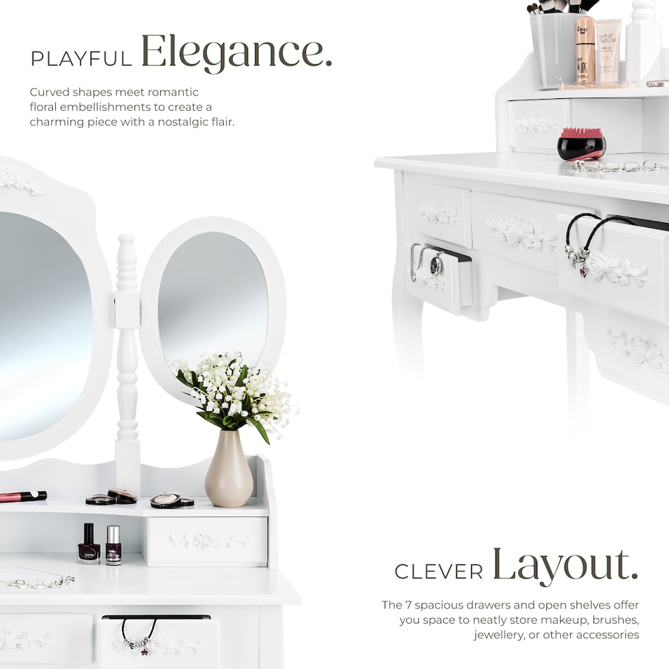 image 1 of Dressing Table - 7 drawers, 3 mirrors and stool, antique look