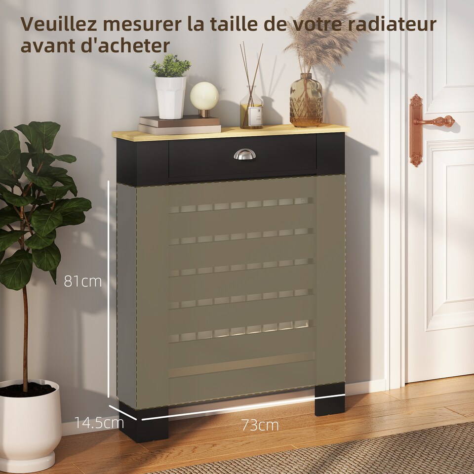 image 1 of HOMCOM Radiator Cover with Drawer, Horizontal Slat, 78cm | Black | Black | 78W x 19D x 95.5H cm