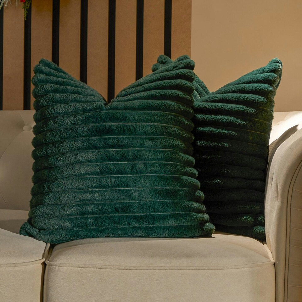 image 1 of OHS 4 x Faux Fur Matte Velvet Fleece Thick Ribbed Filled Cushions, 45x45cm - Green
