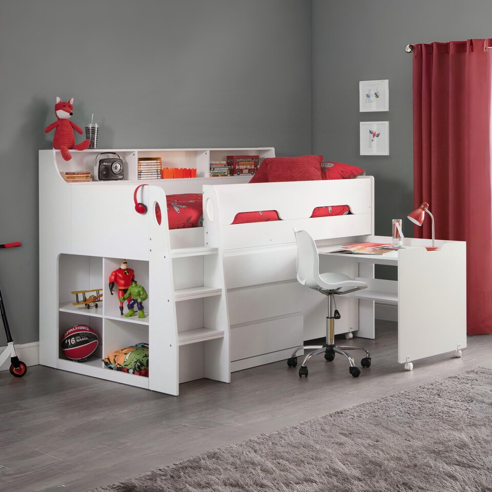 image 1 of Jupiter Mid Sleeper with Pull-Out Desk and Storage - White, Single