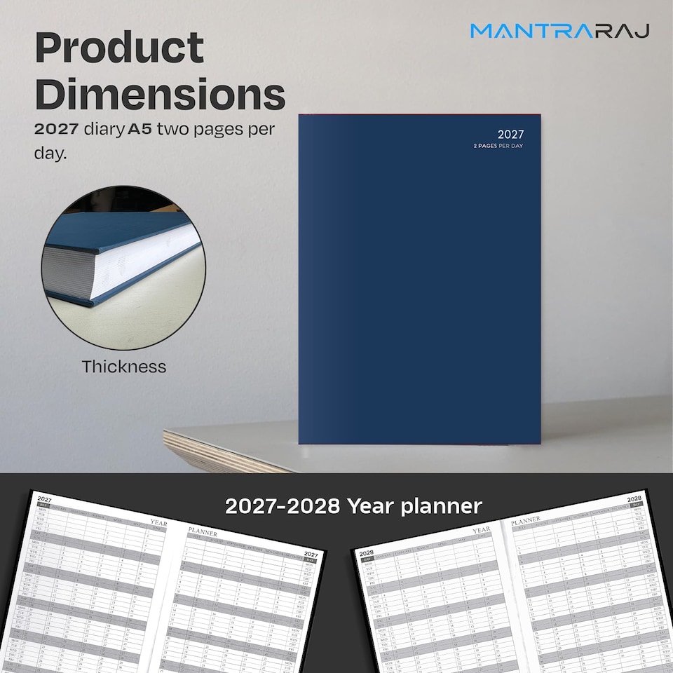 image 1 of MantraRaj 2027 Diary A5 2 Pages A Day Diary Hardback Year Planner Office Desk Diary (Blue)