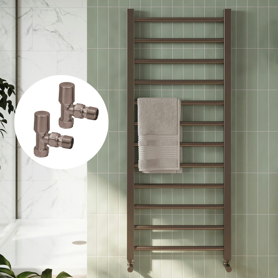image 1 of Brushed Bronze 1200 x 500mm Heated Bathroom Towel Rail Warmer Ladder Radiator with Angled Manual Valves Pair