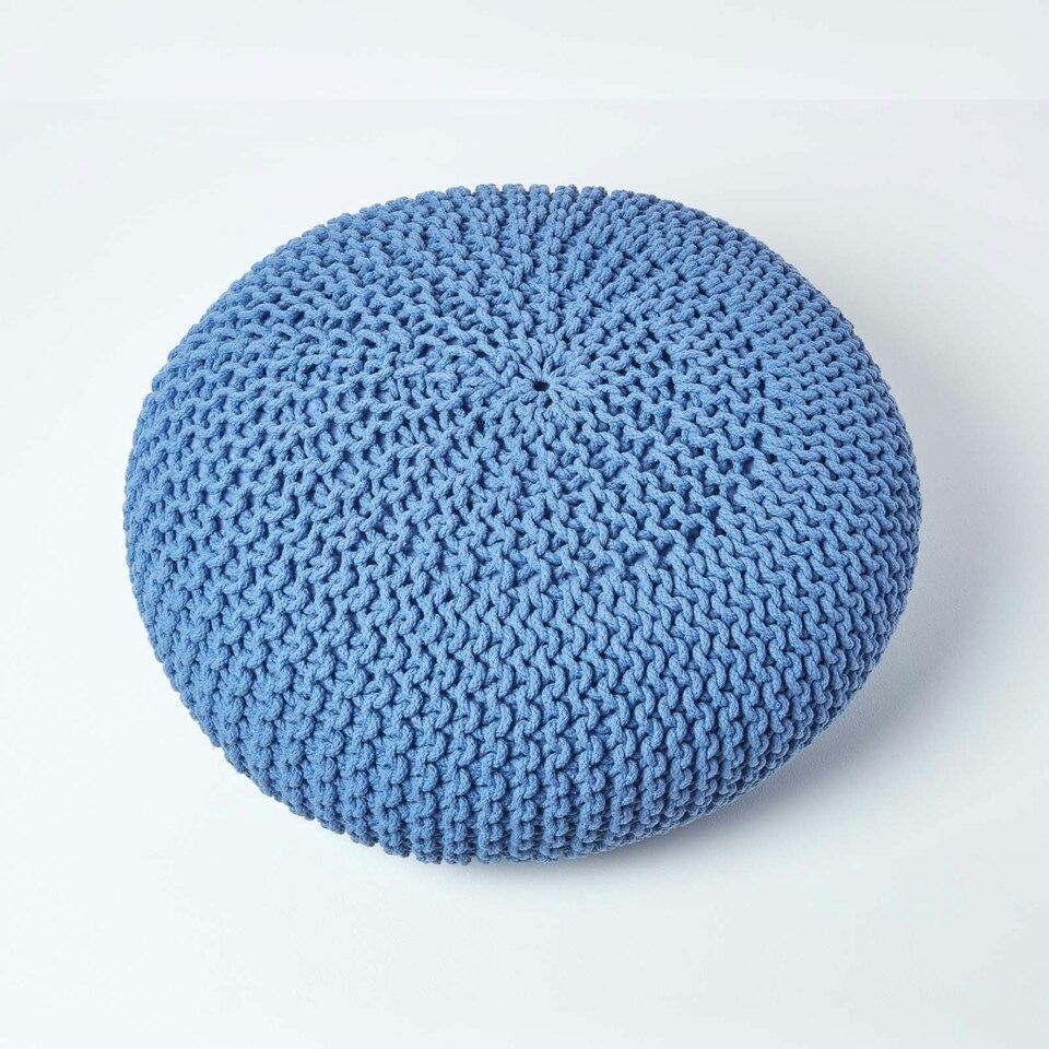 image 1 of Homescapes Blue Large Round Cotton Knitted Pouffe Footstool