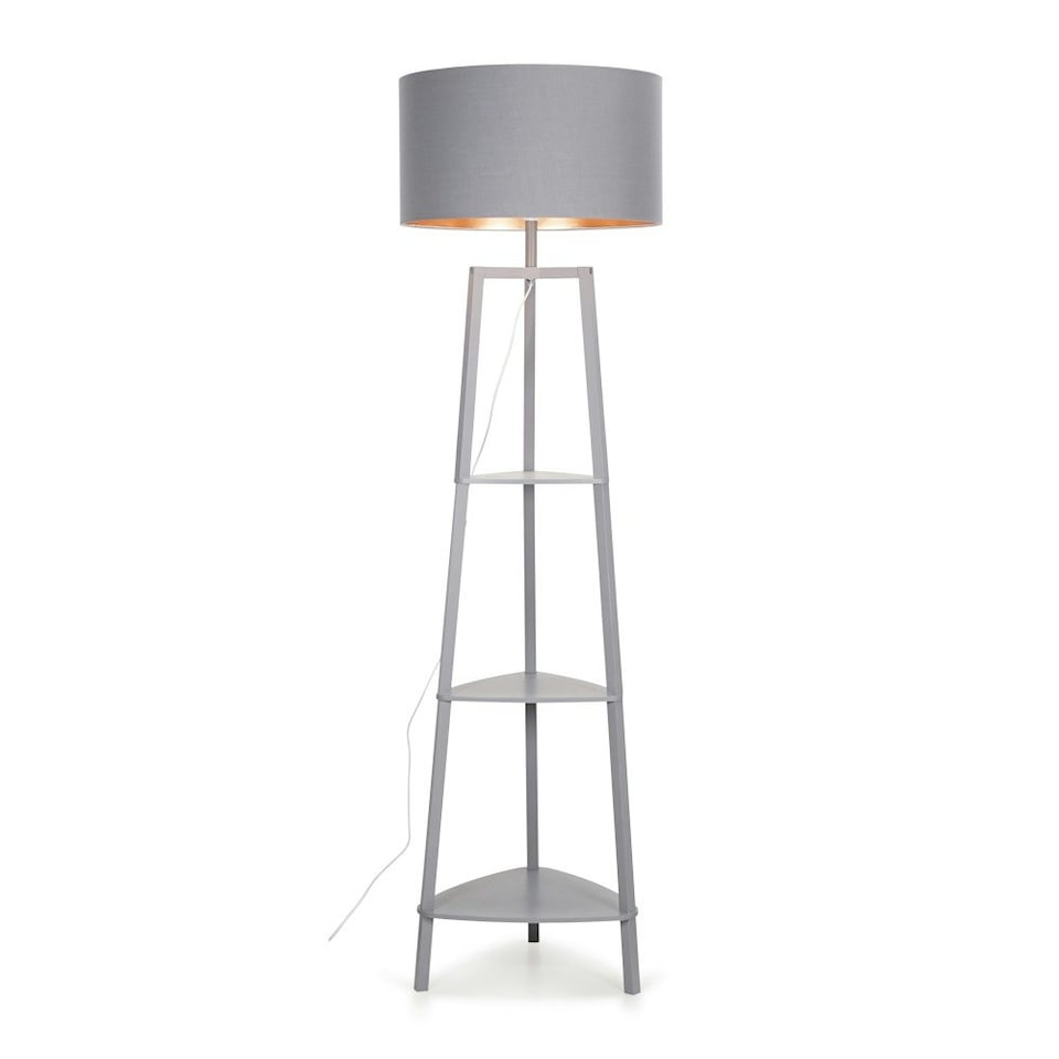 image 1 of ValueLights Grey Wooden 3 Tier Floor Standard Lamp with Storage Shelves- Grey/Copper Shade + LED Bulb