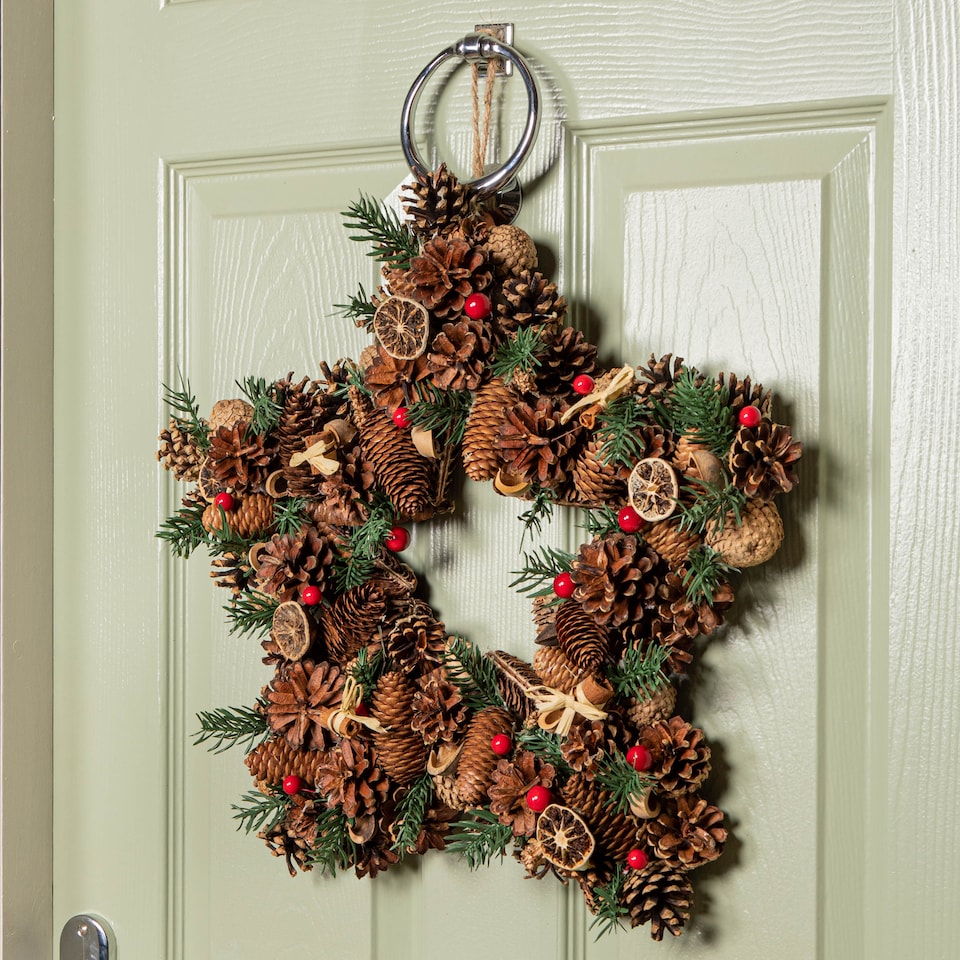 image 1 of 45cm Winter Spice Star Hanging Christmas Wreath with Pine Cones Red Berries & Dried Fruit
