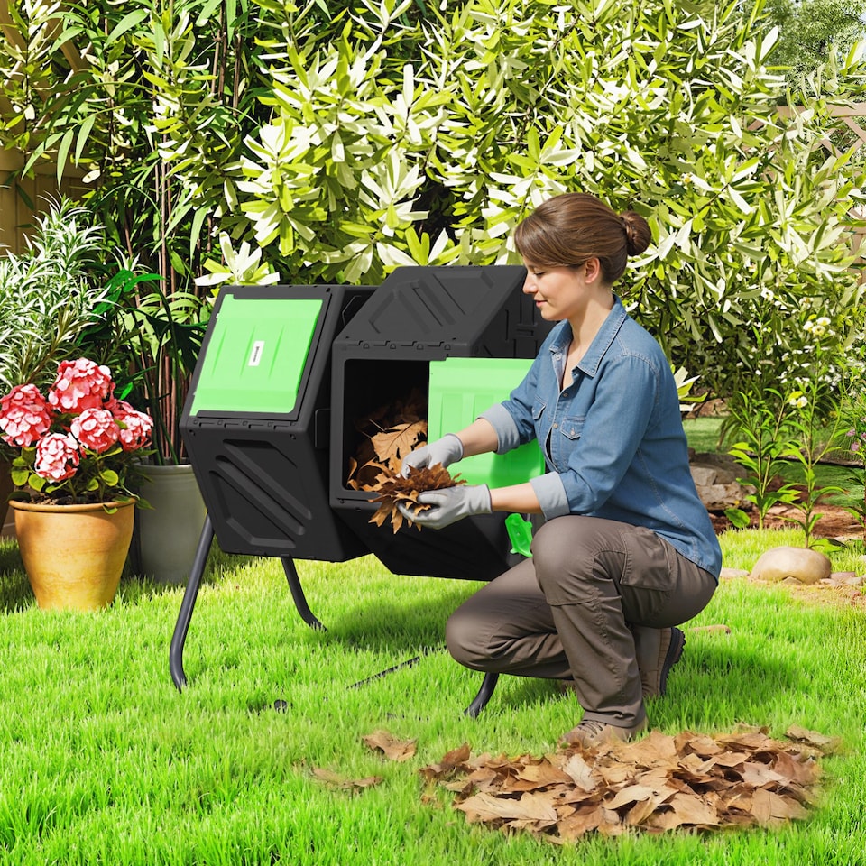 image 1 of Outsunny 130L Compost Bin Dual Chamber Rotating Composter w Ventilation Holes
