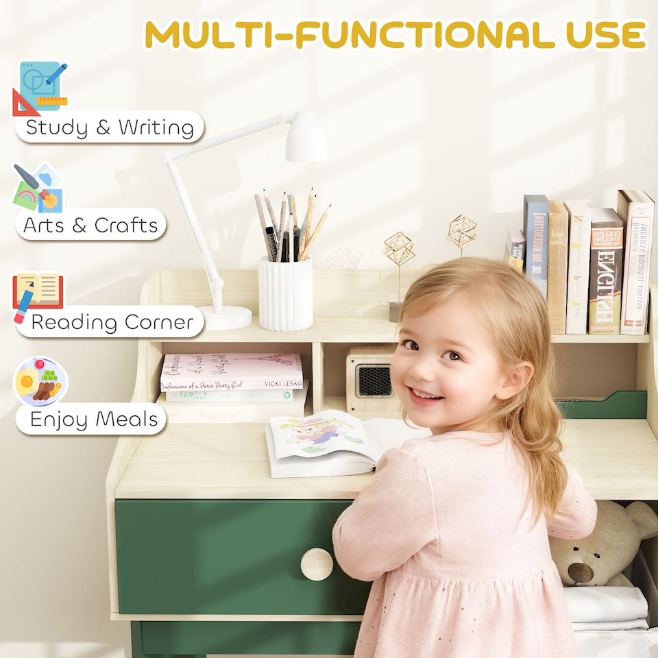 image 1 of AIYAPLAY Kids Desk and Chair Set with Storage Shelves, Drawer, Green