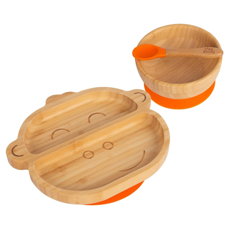 image 1 of Tiny Dining Children's Bamboo Suction Monkey Dinner Set - Orange