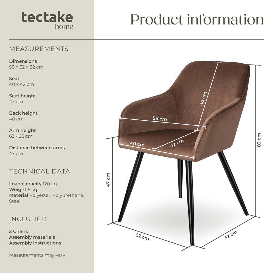 image 1 of Dining Chair Marilyn - with armrests, padded, velvet look, black steel legs - Set of 2 Brown | Brown/Black