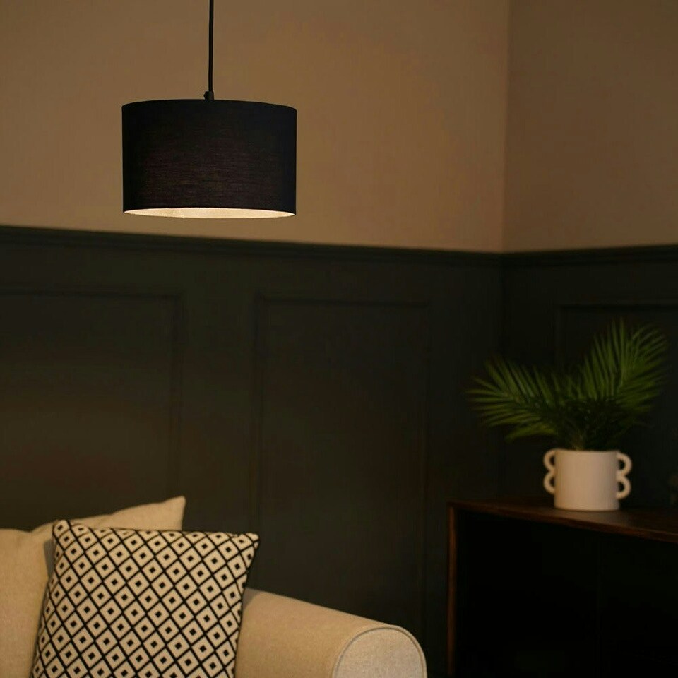 image 1 of ValueLights Pair of - Navy Blue Fabric Cylinder Ceiling Pendant Lampshade/Table Lamp Drum Light Shade - Small
