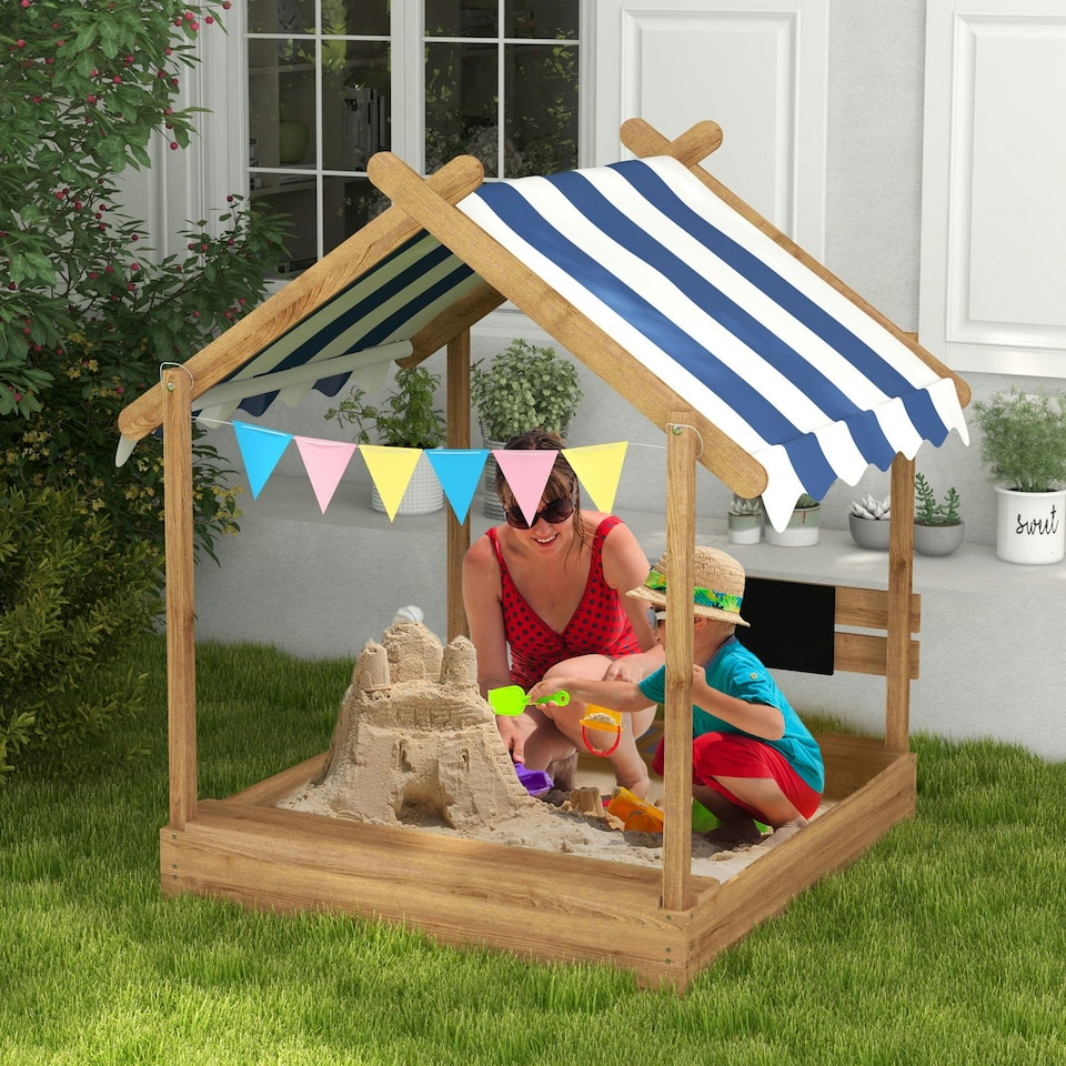 image 1 of Outsunny Sand Pit with Canopy, Blackboard, Toys, Sink, Seats, Flags for Kids