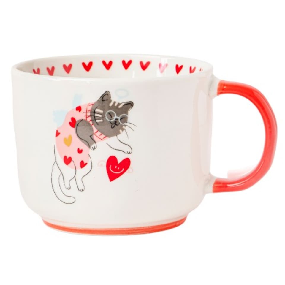 Cat Ceramic Mug 400ml Cartoon Cat Prints and Red Handles | White | Cat with Heart Balloon | 400ml | 1