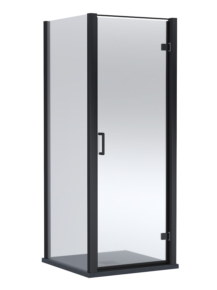 image 1 of Balterley Hinged Shower Door with Glass, Side Panel & Slimline Shower Tray | Black | Matt Black