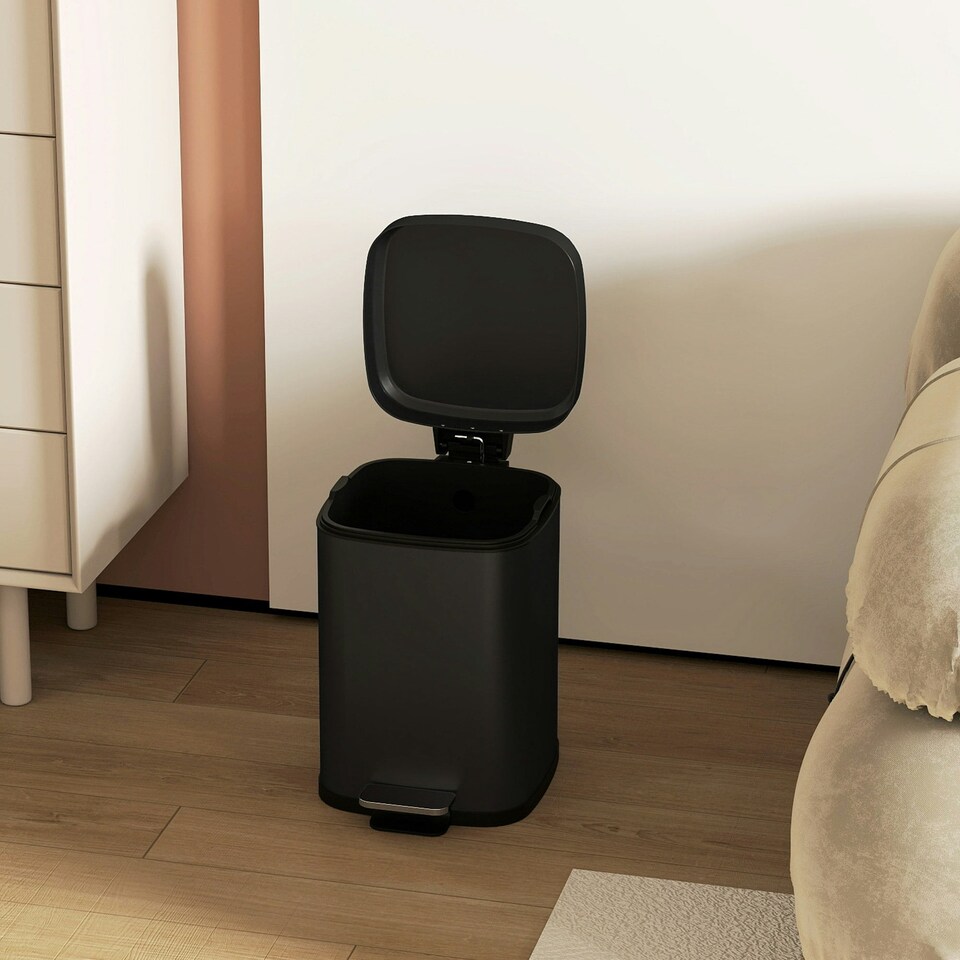 image 1 of HOMCOM 12L Kitchen Pedal Bin, Metal Rubbish Bin with Soft-close Lid | Black | 12L | 1