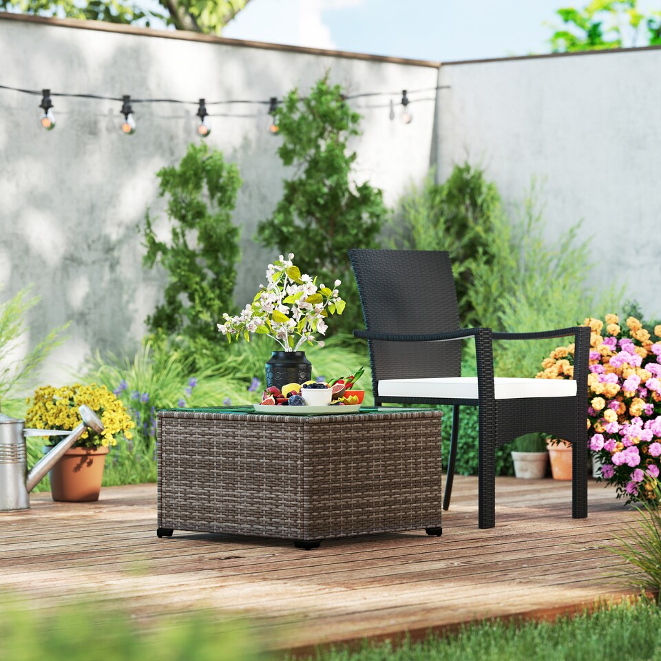 image 1 of Outsunny Outdoor Coffee Table with Glass Top, Rattan Side Table, Dark Grey