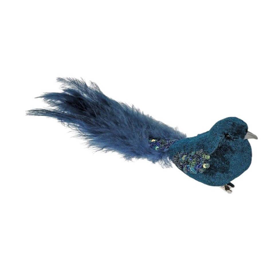 image 1 of Decorative Peacock Blue Velvet Bird With Clip - 20cm
