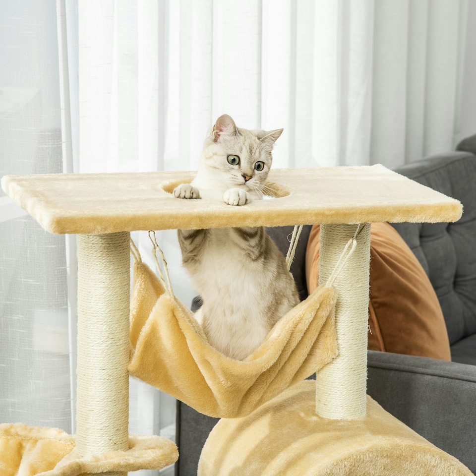 image 1 of PawHut Cat Tree Scratching Post Kitten Activity Centre with Hammock, Beige