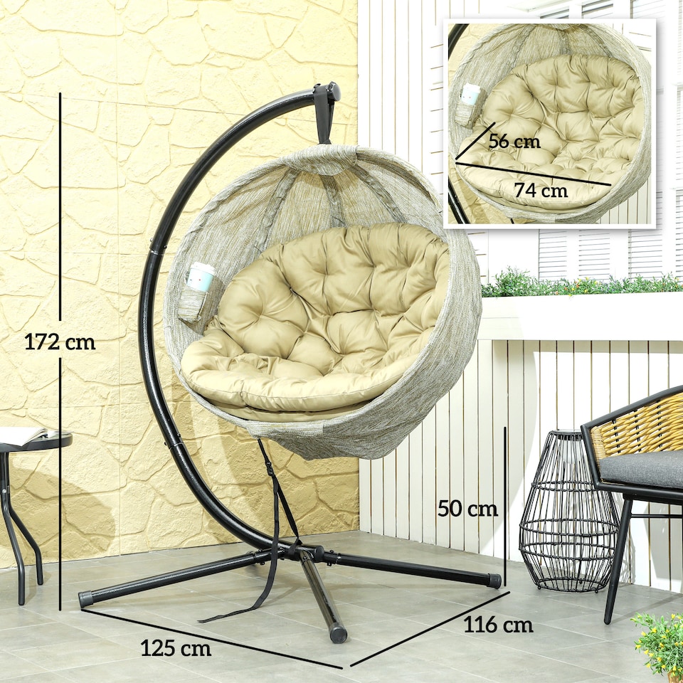 image 1 of Outsunny Hanging Egg Chair Outdoor Indoor Garden Swing Chair with Folding Basket, Thickened Cushion, Cup Holder for Patio, Balcony, Khaki | Brown | Khaki