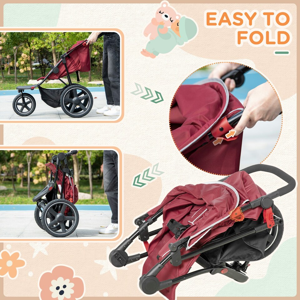 image 1 of HOMCOM Foldable Three-Wheeler Baby Stroller w/ Sun Canopy, Storage - Red
