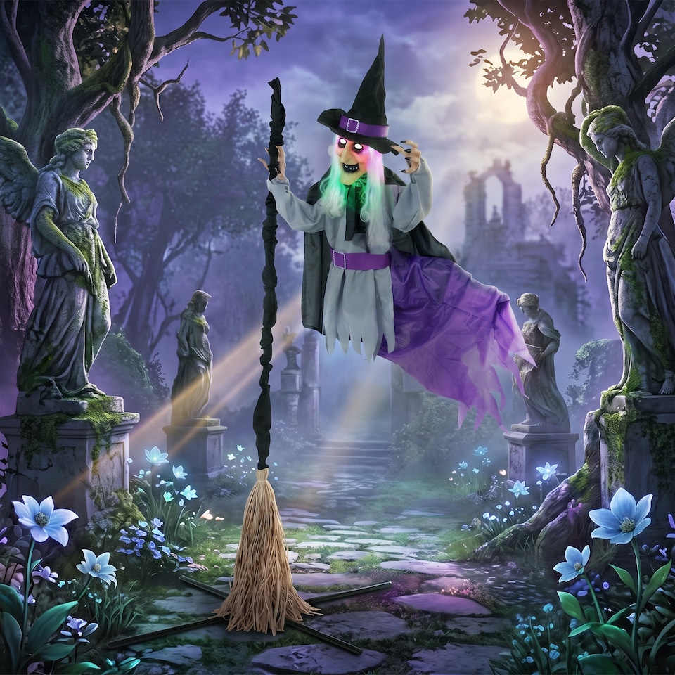 image 1 of HOMCOM 200cm Life Size Animated Witch, Scary Halloween Animatronic Decor