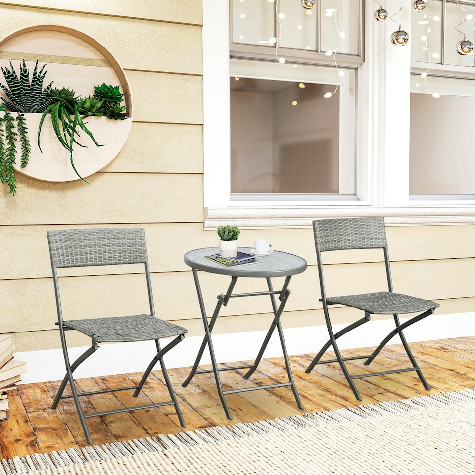 image 1 of Outsunny 3 PCs Patio Wicker Bistro Set Foldable Table and Chair Set for Outdoor
