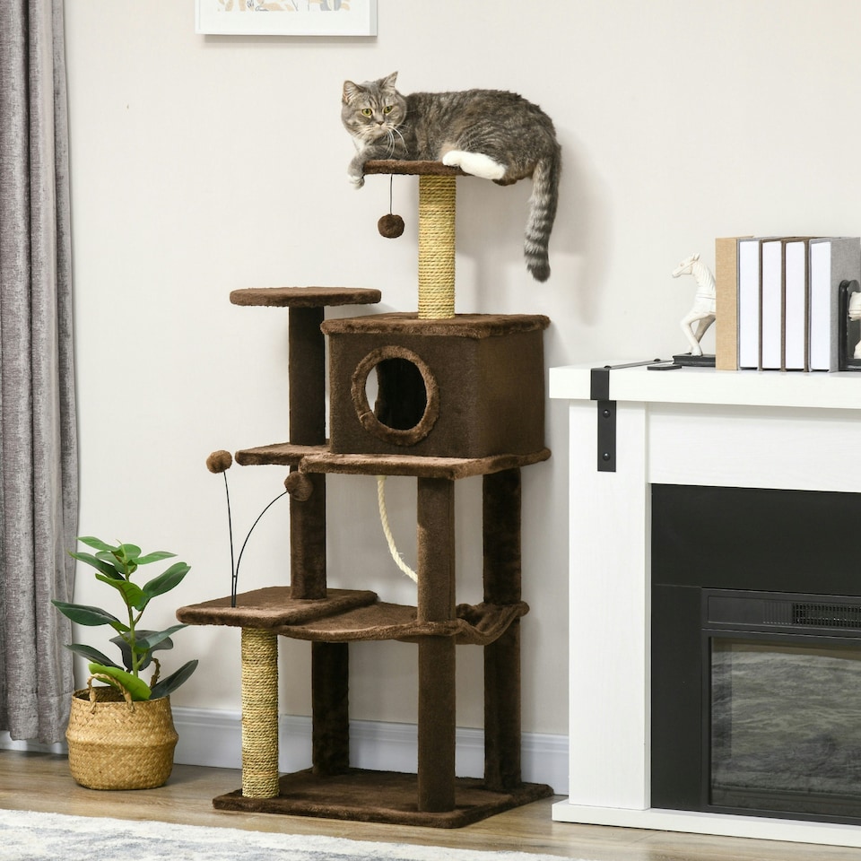 image 1 of PawHut 136cm Cat Tower with Scratching Posts Hammock Cat House Plush, Brown
