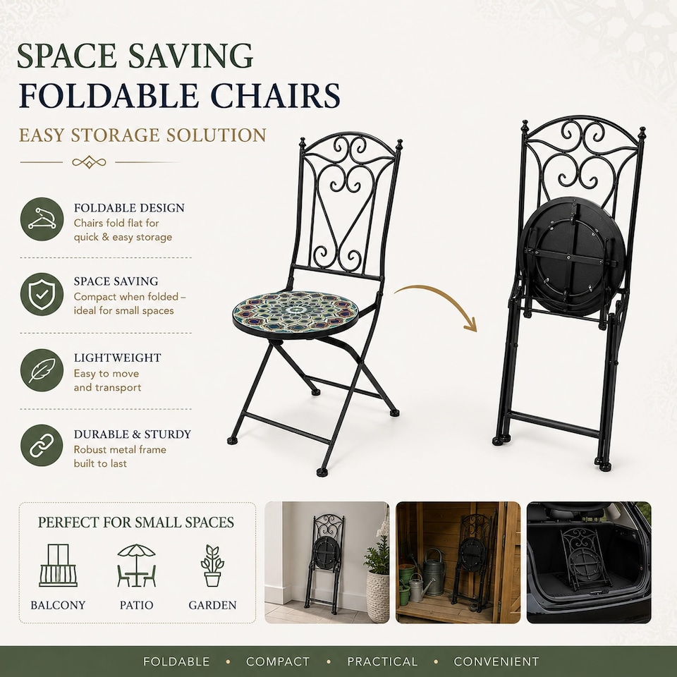 image 1 of Mosaic Bistro Set with Round Table and Two Folding Chairs for Garden Patio Balcony and Outdoor Dining