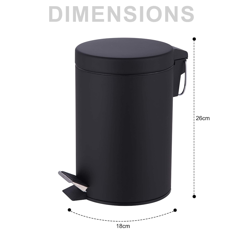 image 1 of Small Stainless Steel 3 Ltr Pedal Bin Kitchen Bathroom Toilet Rubbish, Black