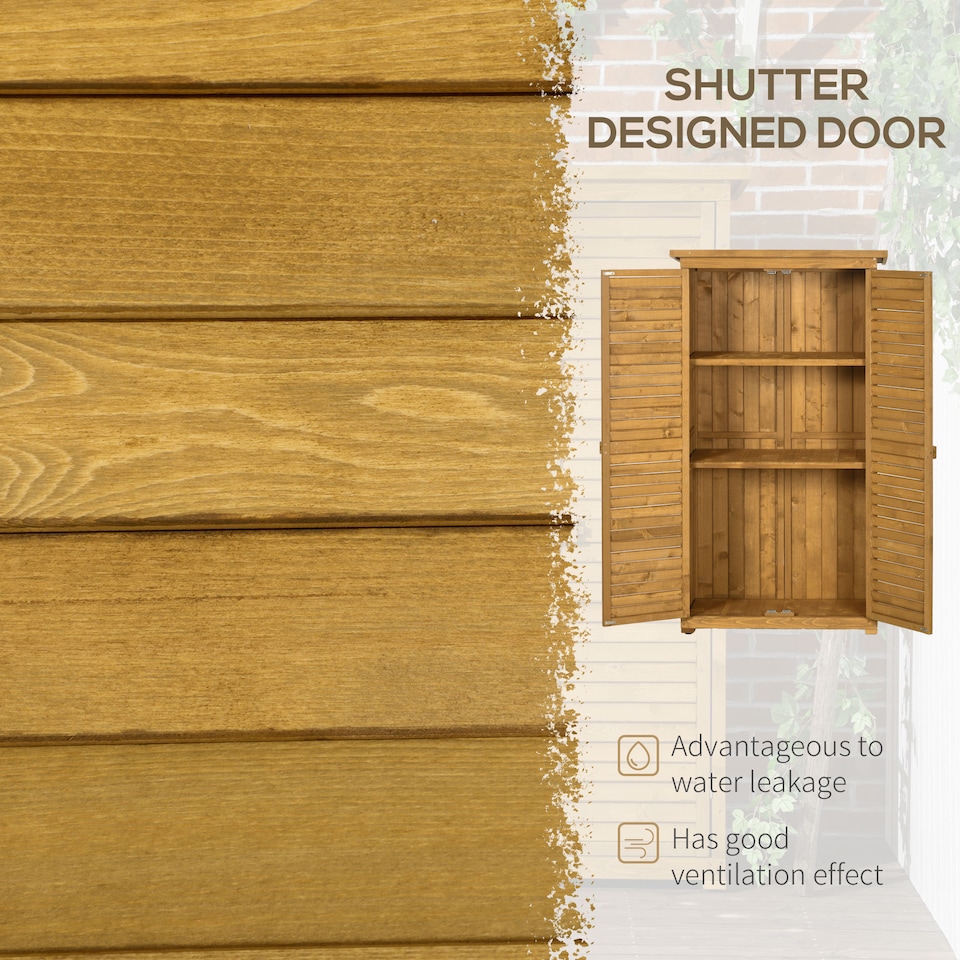 image 1 of Outsunny Small Shed, Wooden Garden Storage Shed, 3 Shelves Outdoor Tool Shed Cabinet with Asphalt Roof and Shutter Doors, 87cm x 47cm x 160cm, Natural Wood Finish
