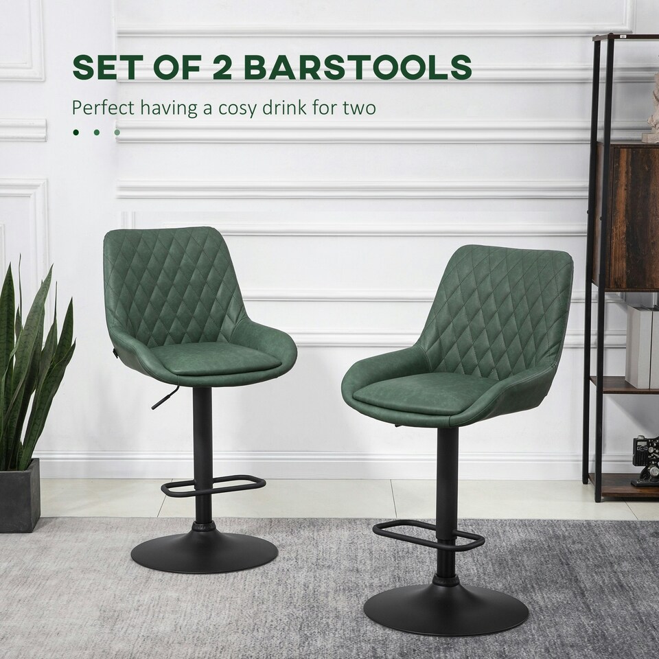 image 1 of HOMCOM Bar Stools Set of 2, Adjustable Bar Chairs 360 Degree Swivel, Green