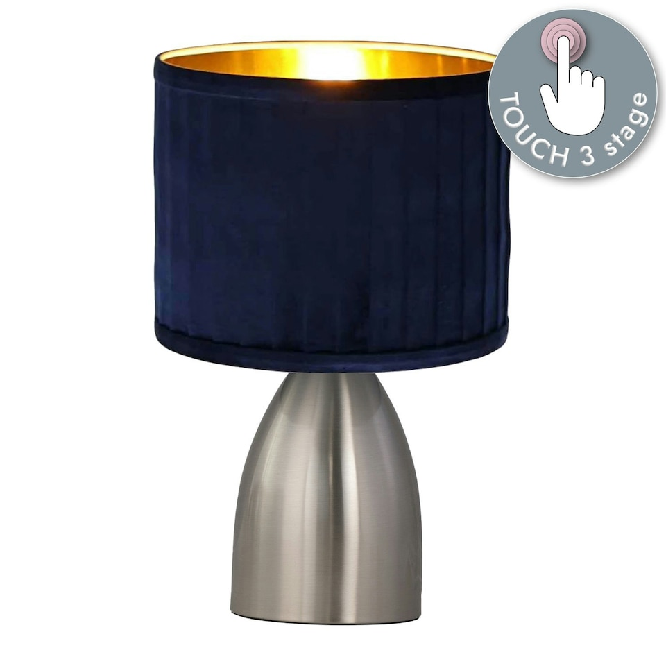image 1 of First Choice Lighting Valentina Brushed Chrome Touch Lamp with Navy Pleated Velvet Shade Silver | Blue