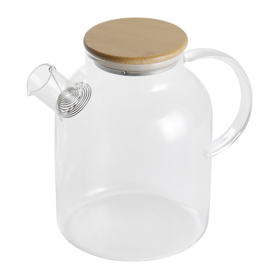 image 1 of Living and Home 1800ml Clear Glass Teapot with Bamboo Lid, Stovetop Safe | Clear