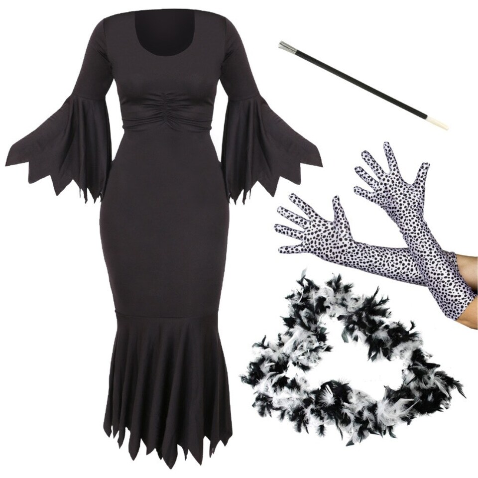 image 1 of Evil Dog Lady Costume - Gloves, Boa & Cig Holder Black | XL