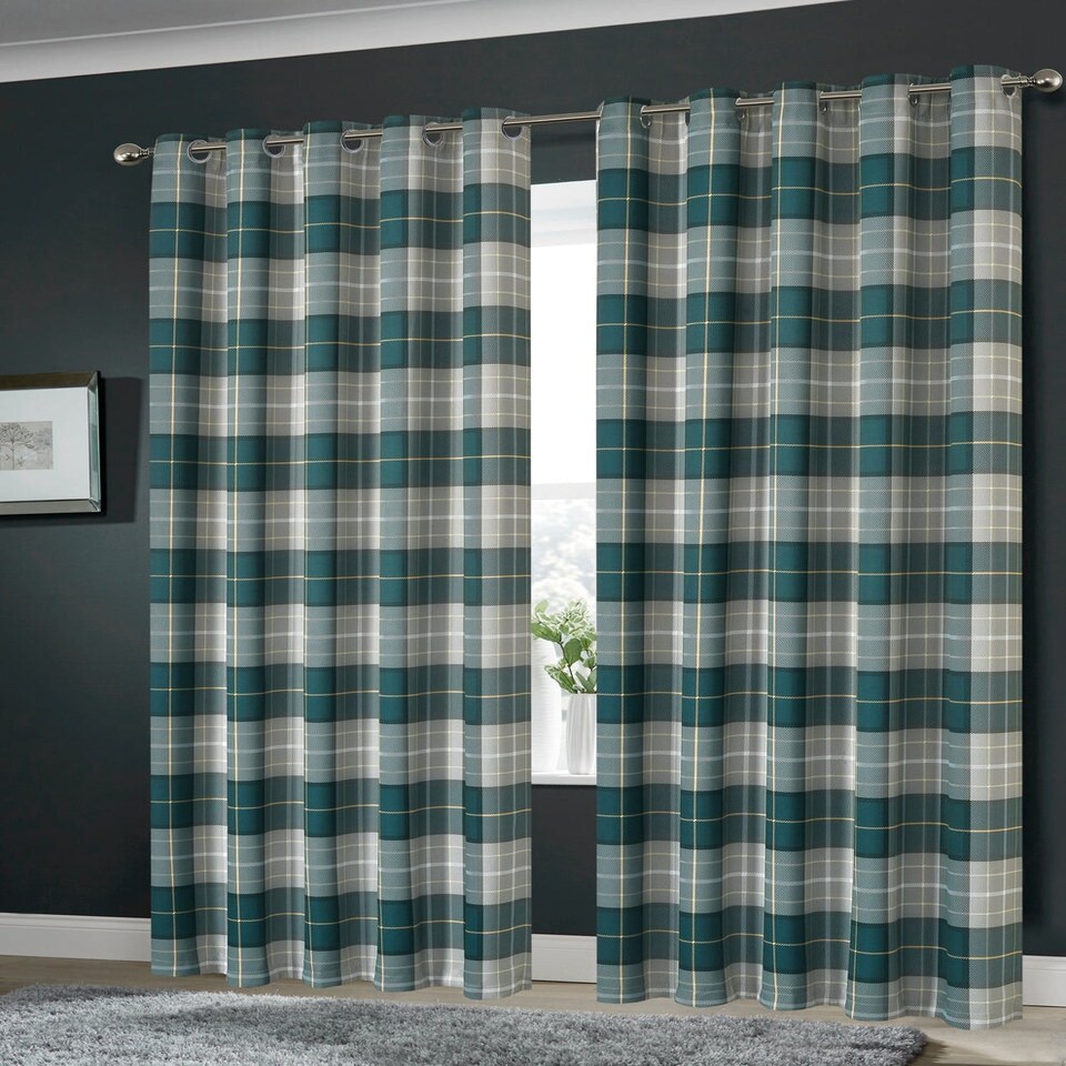 Printed Check Curtains in Emerald Green, 117cm x 137cm Green | Green