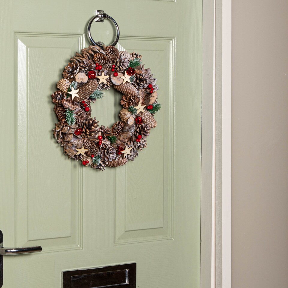 image 1 of 36cm Frosted Hanging Christmas Wreath with Red Jingle Bells & Wooden Stars