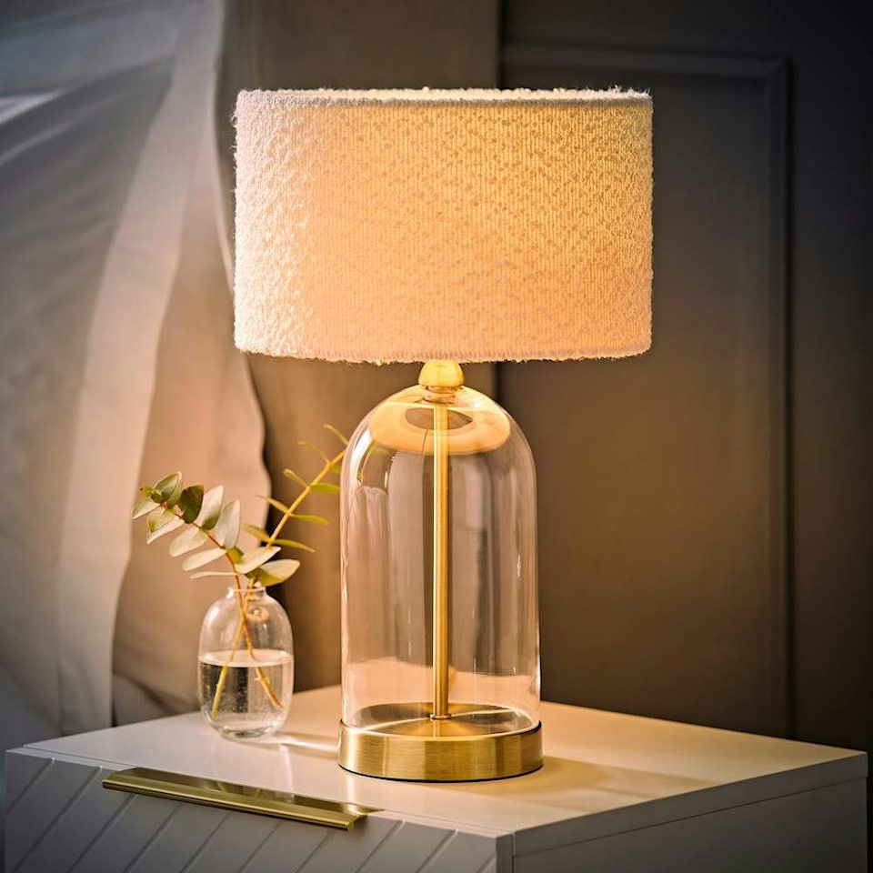 image 1 of ValueLights Jessy Glass and Gold Metal Bedside Table Lamp with a Cream Boucle Lampshade Cream
