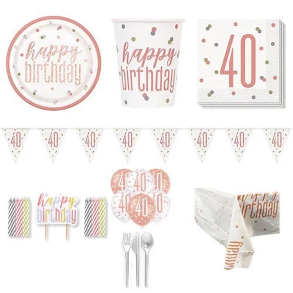 Rose Gold Glitz 40th Birthday 8 Person Deluxe Party Pack