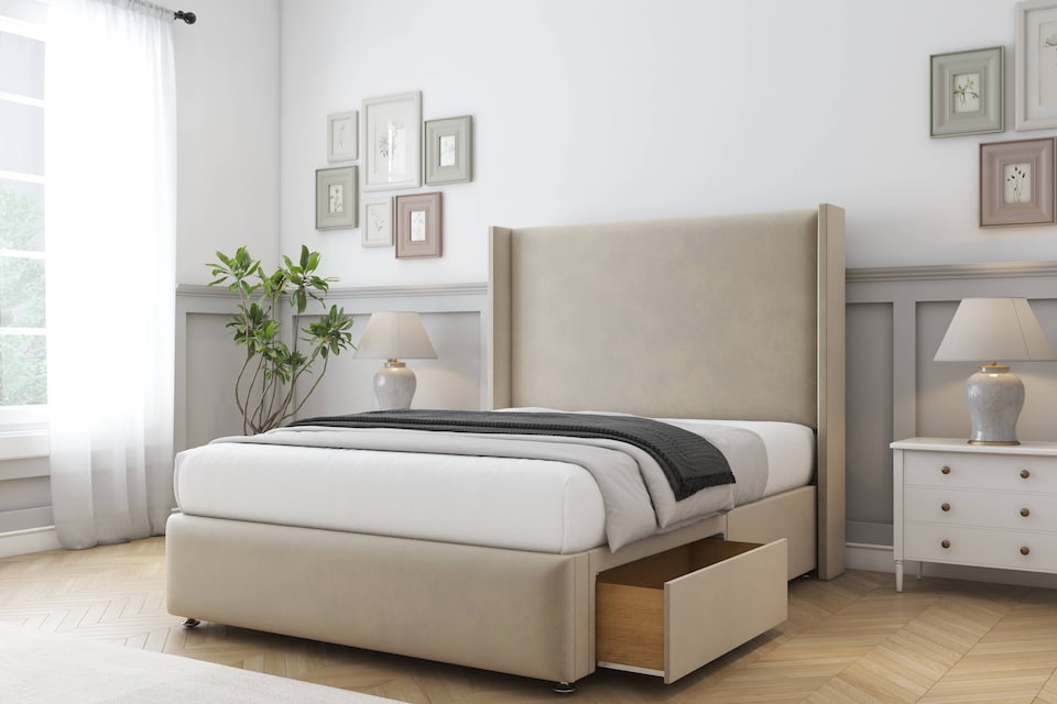 image 1 of Sloomy Stratford Almond Coniston Divan Bed Base 2 Drawers Foot-End With 54 Inch Wingback Headboard & 12 Inch Matching Footboard | Cream | Almond | Super King | 1