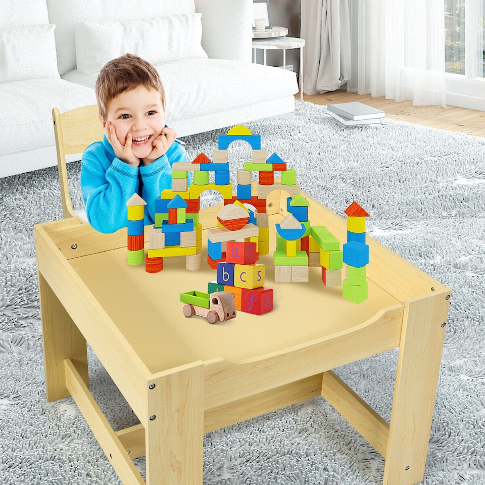 image 1 of COSTWAY Kids Table Chair Set with Double Storage Box Cream