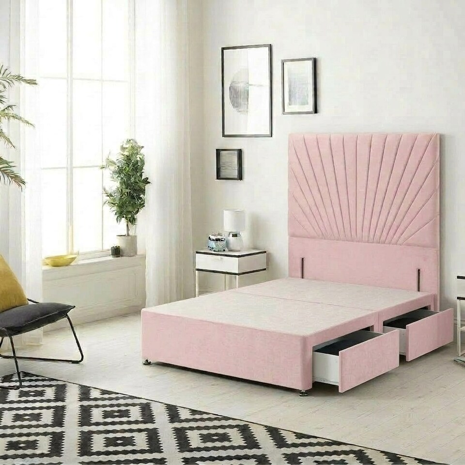 image 1 of Sunburst Divan Bed with 4 Drawers & 54'' Floor Standing Headboard Plush Velvet | Pink | Pink