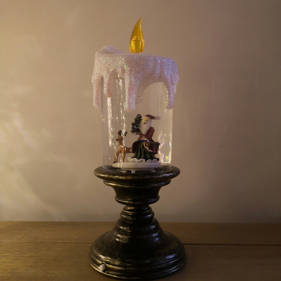 image 1 of 25cm Snowtime Dual Power LED Water Spinner Candlestick with Santa Scene