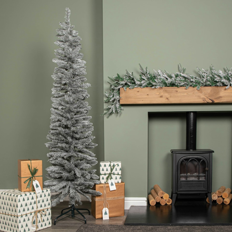 image 1 of 6ft (1.8m) Grey Artificial Pencil Christmas Tree With Green Metal Stand and 321 Tips