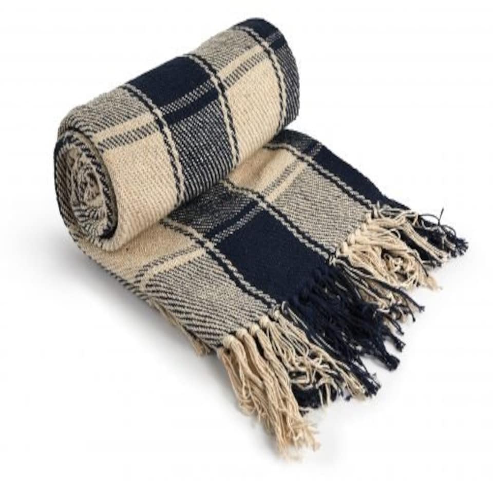 image 1 of Comfy Check Collection Recycled Cotton Throw in Navy (70" x 100") Blue | Blue