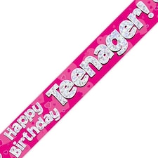 Pink Happy Birthday Teenager Holographic Foil Banner 274cm