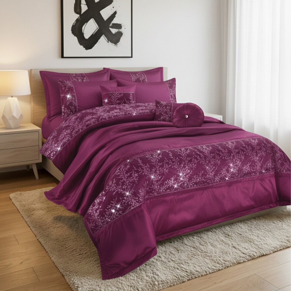 image 1 of Embroidered Duvet Cover Set Luxury Bedding with Matching Accessories | Purple | Single