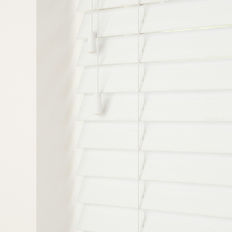 image 1 of 230cm Ultra White Smooth Finish Faux Wood Venetian Blinds with Strings  (120cm Drop) | White | White