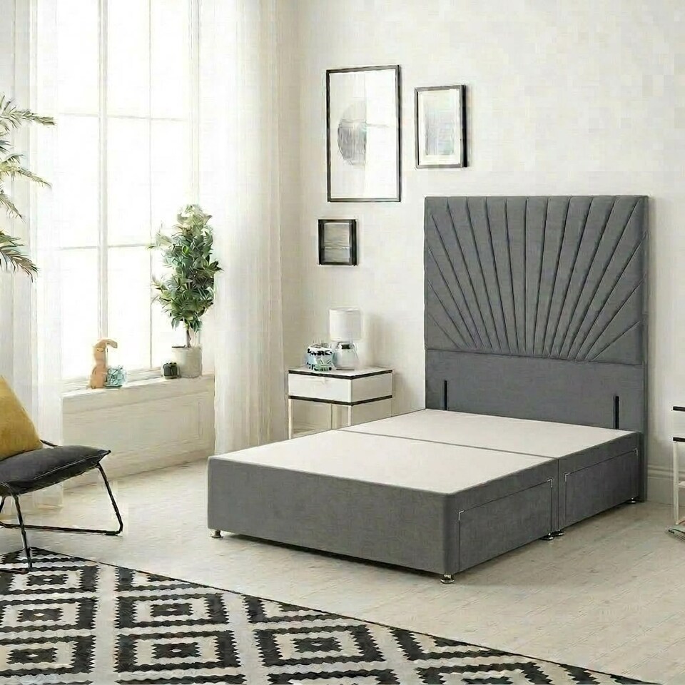 image 1 of Sunburst Divan Bed with 4 Drawers & 54'' Floor Standing Headboard Plush Velvet | Grey | Charcoal
