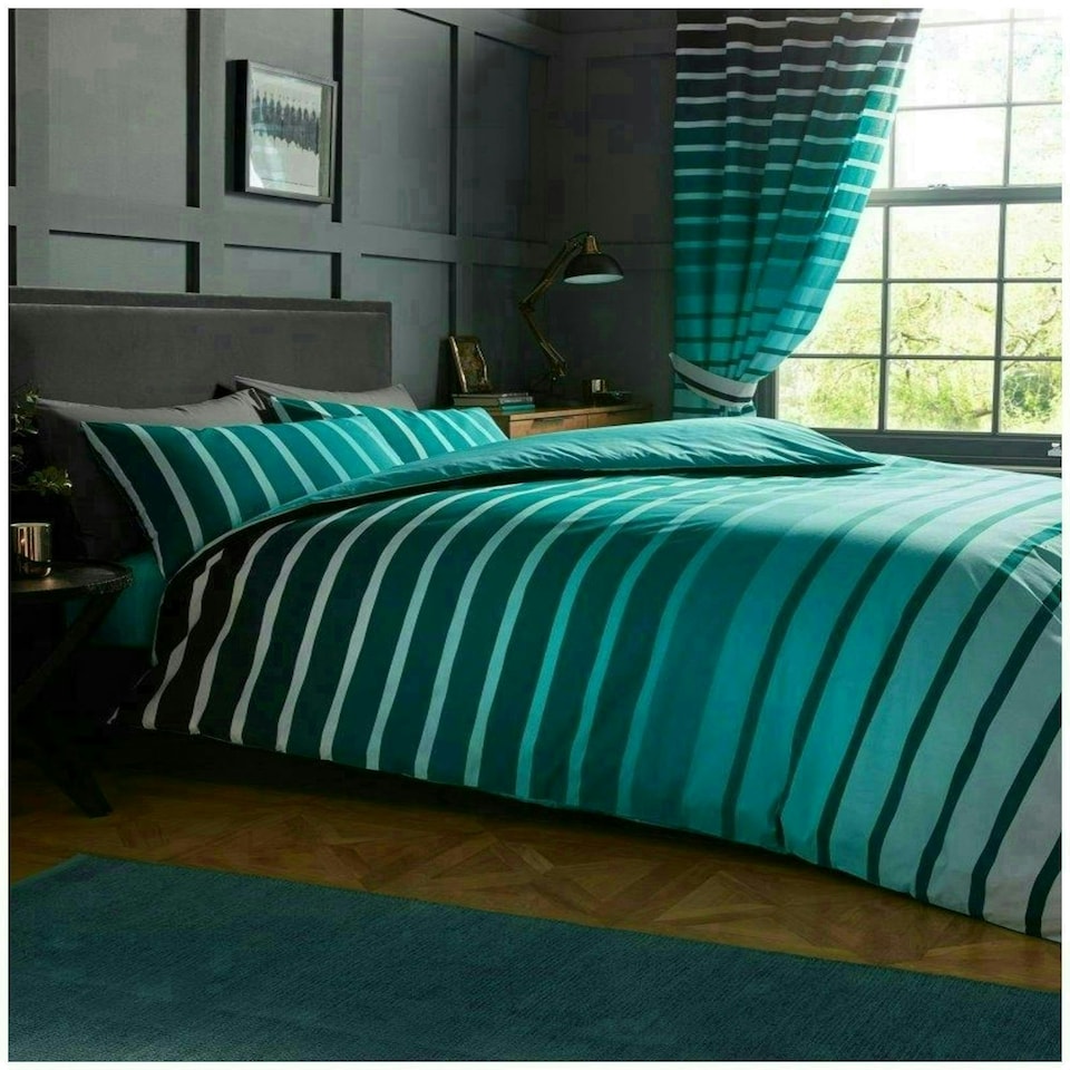 image 1 of VELVETIO Oscar Stripe Duvet Cover Set Reversible Polycotton Easy Care Beddings Blue | Teal | Super King