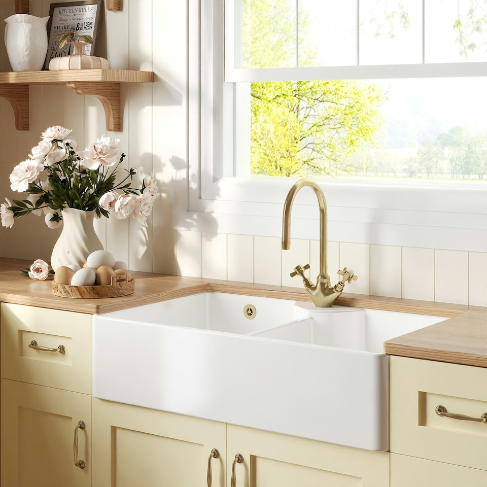 image 1 of Fireclay Kitchen Bundle - Double Bowl 1 Tap Hole Butler Sink & Tap Hole, Wastes & Mono Tap, 895mm - Brushed Brass - Balterley